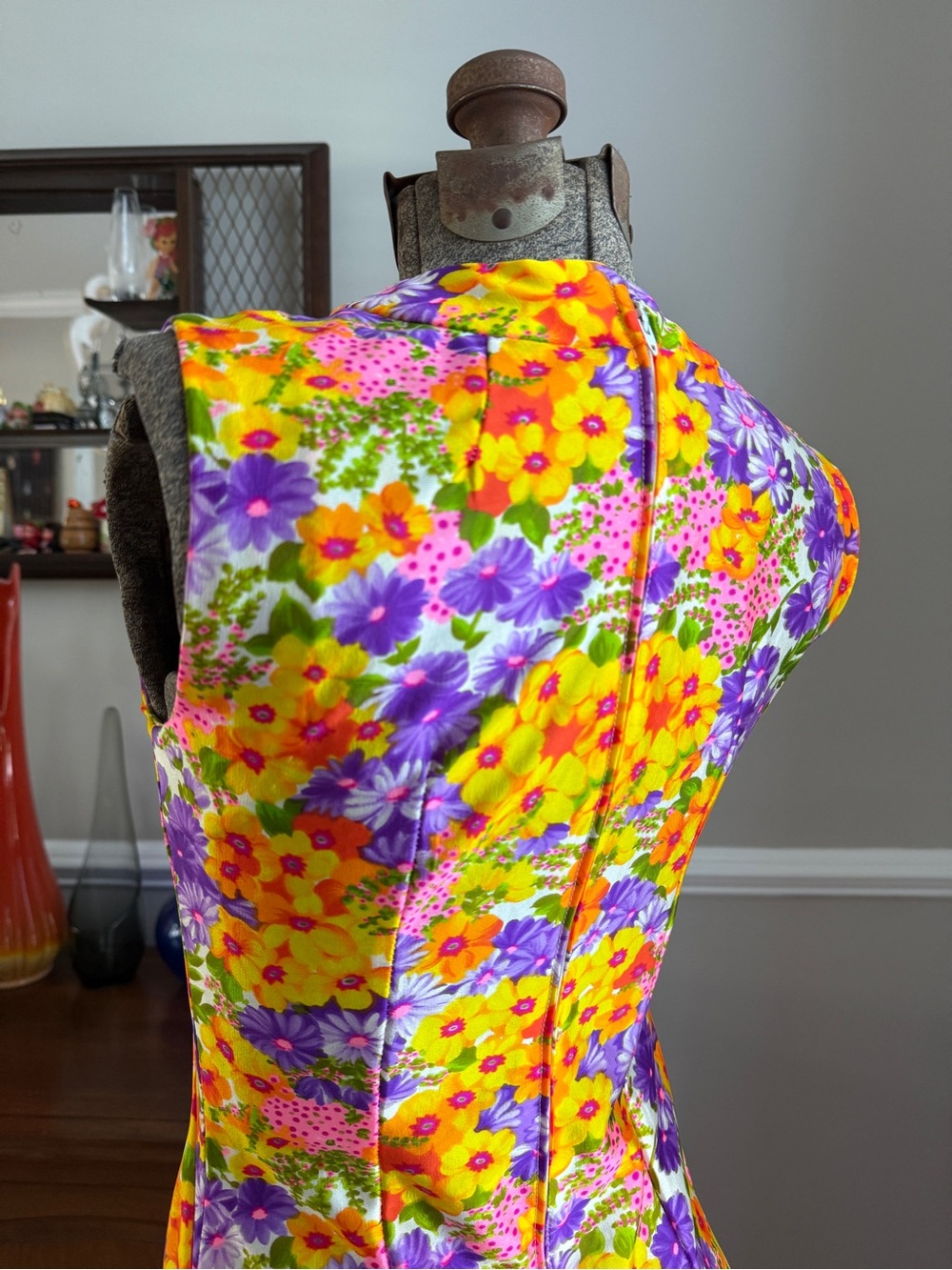 Vtg OOAK 60s/70s Mod Floral Daisy Day Glo Handmade Maxi Dress Sz Sm - Picture 8 of 13